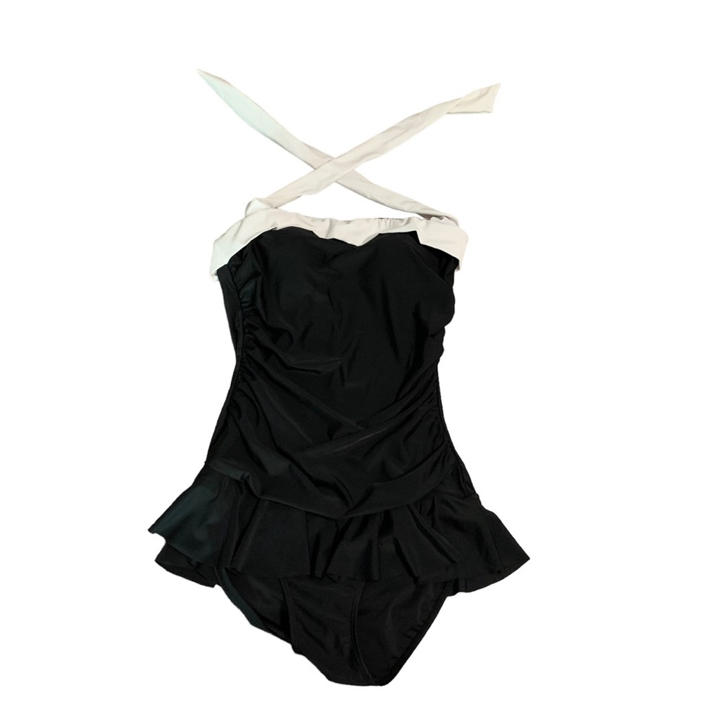 HEAT Swim One-Piece Flutter Skirt Black/White Halter Padded Bra-Liner Size XL